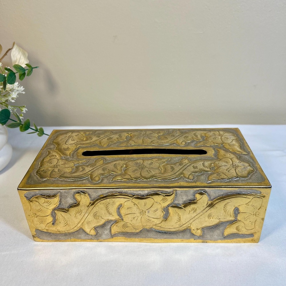 Vintage Mexican Floral Tin Metal Tissue Box Cover